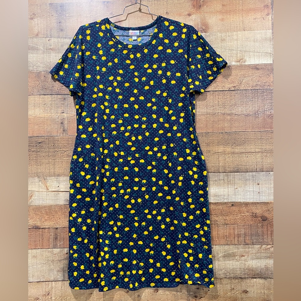 Lularoe Navy and Yellow Print Casual Tee Shirt Dress Size XL
